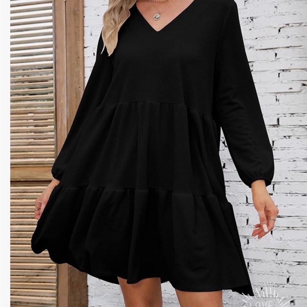 NCL Fashion Navy Blue Tiered V-Neck Dress Long Sleeve Cotton Blend Midi